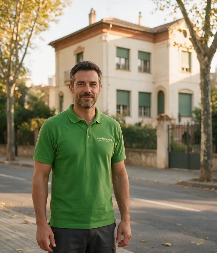 Técnico de Cerdancat con polo verde delante de una torre de veraneo con persianas en una calle arbolada de Cerdanyola del Vallès