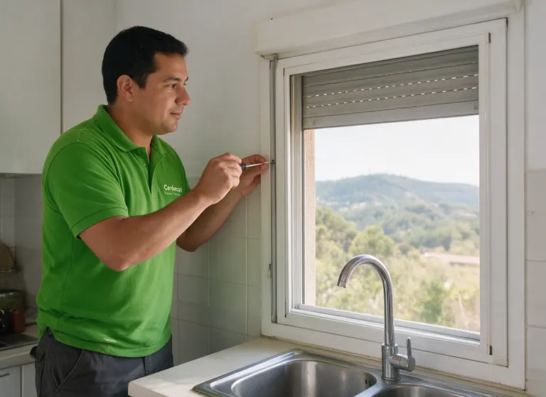 Persianista ajustando una mosquitera enrollable en la ventana de una cocina con vistas a montes con pinos