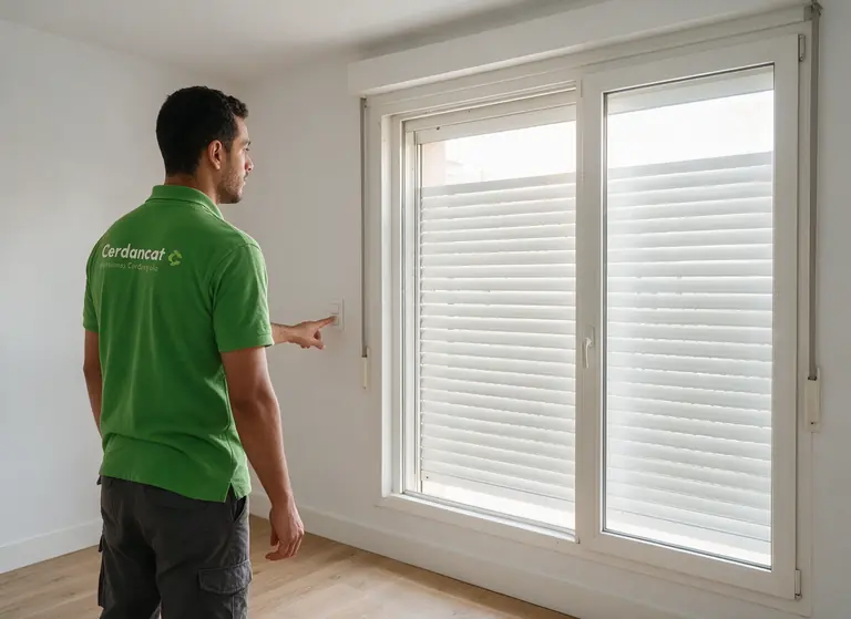 Técnico de Cerdancat probando con el pulsador de pared una persiana motorizada en un salón